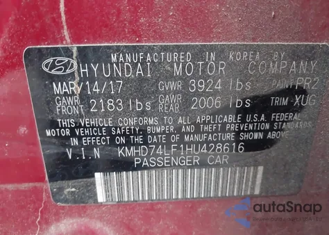 2017 Hyundai Elantra Se z USA, uszkodzony, nr VIN KMHD74LF1HU428616